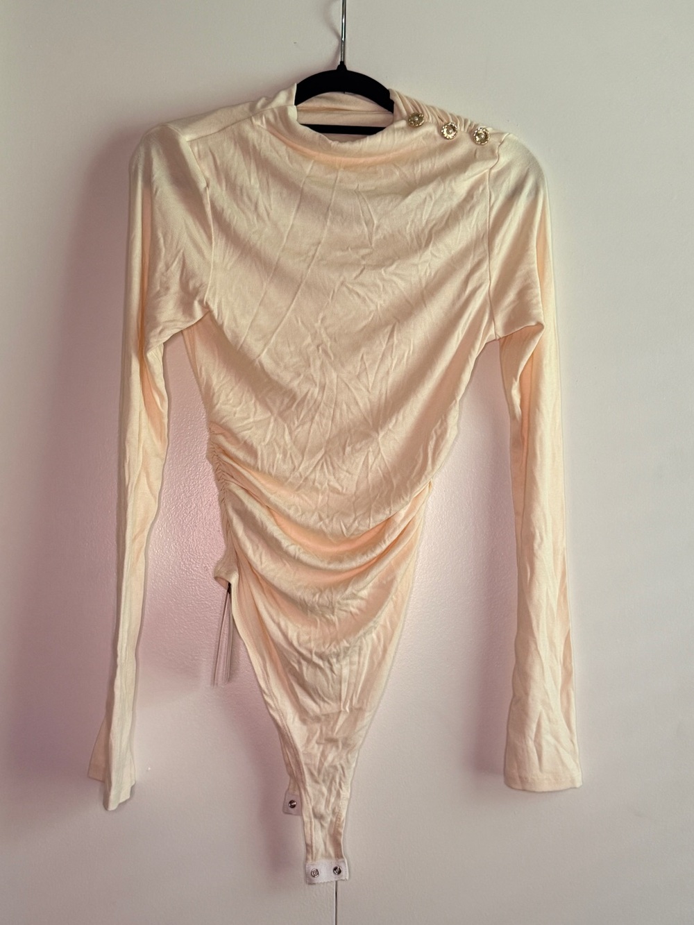 Micas Asymmetrical Button Ruched Long Sleeve Bodysuit